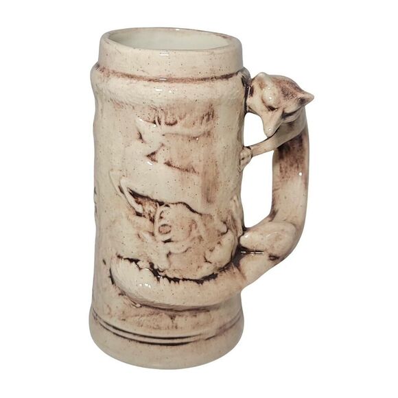 Vintage Large Ceramic Mug Stein With 3D Deer And Fox Handle Signed JES 6.5" Tall - Picture 2 of 11